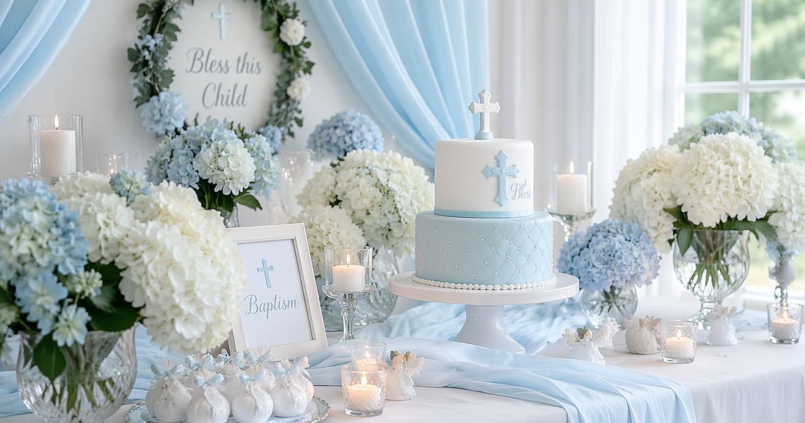 Baptism website project: soft white and blue ceremony decoration