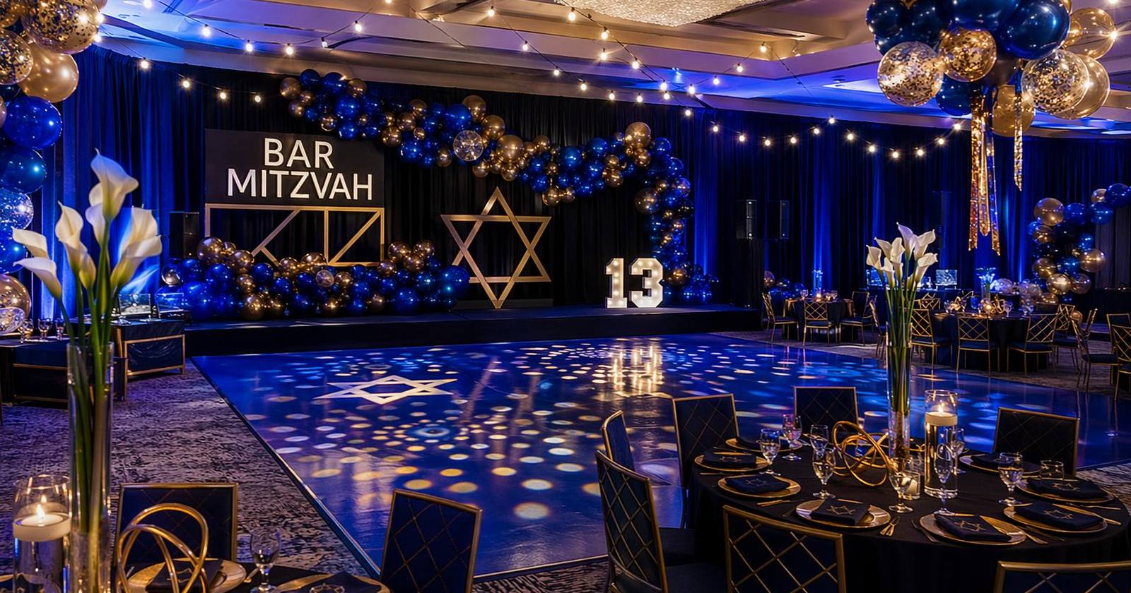 Bar mitzvah website project: ballroom celebration in blue and gold